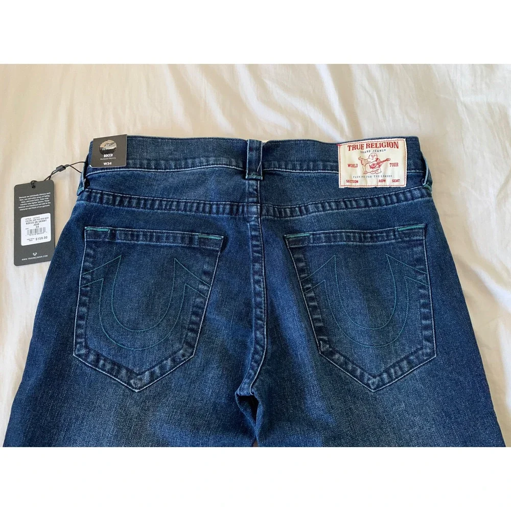 NWT TRUE RELIGION ROCCO RELAXED SKINNY NO FLAP Blue JEANS 34 X 32
